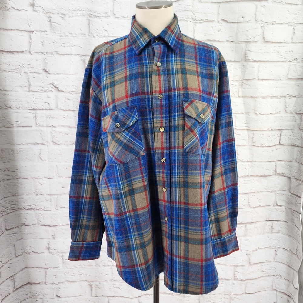 Vintage 70s Plaid Shirt Western Country Wool Blen Outdoor Rodeo Retro Size Large